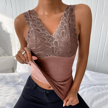 

Roliyen Bras For Women Solid V Neck Lace Trim Padded Vest Thermal Underwear Plus Velvet Base Shirt