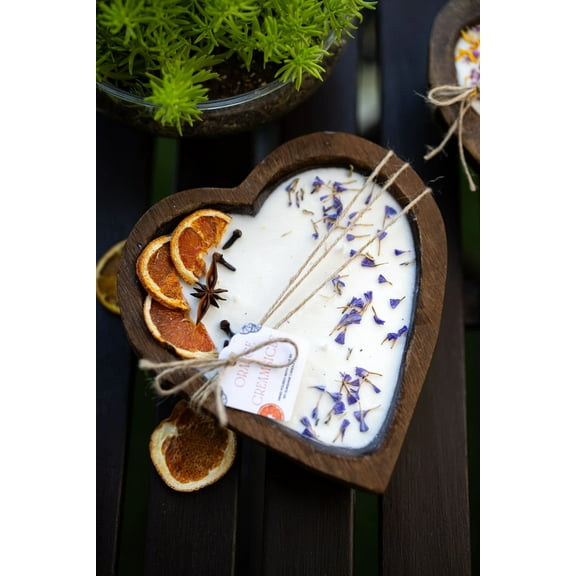 Large Heart Wood Dough Bowl Candle / Orange Bowl Candle/ Soy Wax Candle / Love Engagement Wedding Bridal Mother's Day 3 Cotton Wick