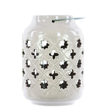 Ceramic Lantern With Metal Handle Octagram And 4-Point Star Design - White