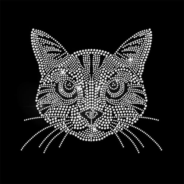 Parches termoadhesivos de diamantes de imitación blancos con diseño de gato realista para ropa, apliques de lentejuelas grandes para planchar.