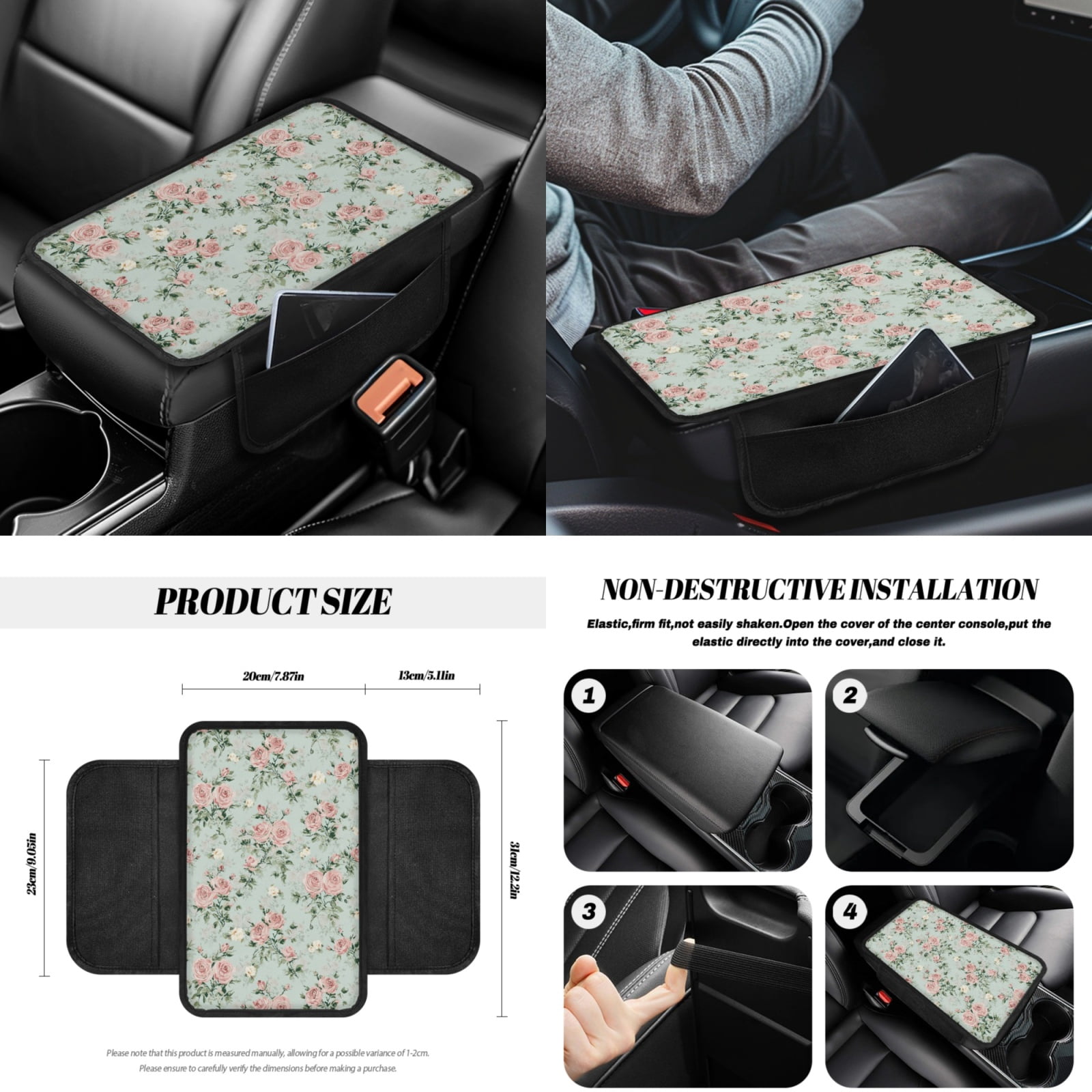 Yuyamidu 14 Piece Pink Rose Car Seat Cover Set with Steering Wheel Cover Green Seat Belt Strap Cover Garbage Bin Armrest Cover Rearview Mirror Cover Coaster Gear Shift Knob Cover Set for Women