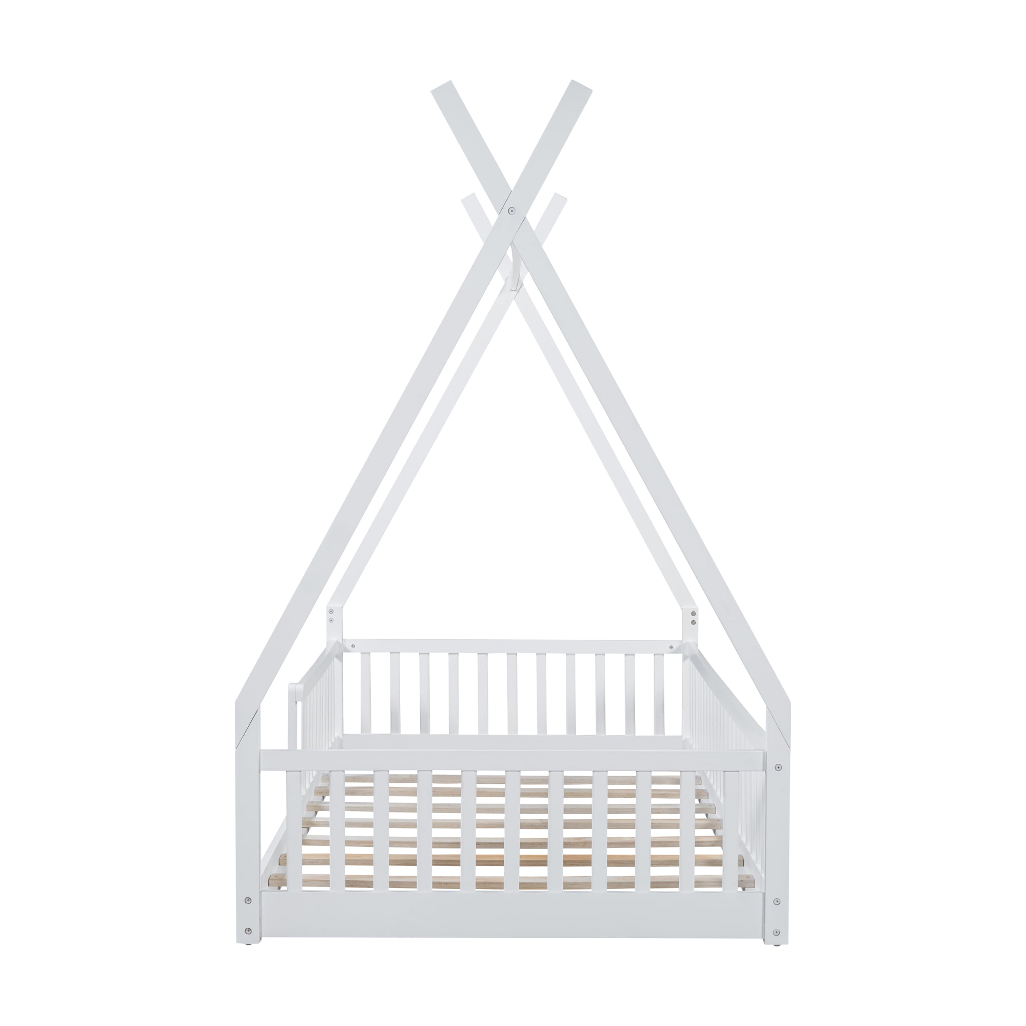 Euroco Twin Size House Platform Bed, Floor Bed with Guardrails for Kids Teens Room, White