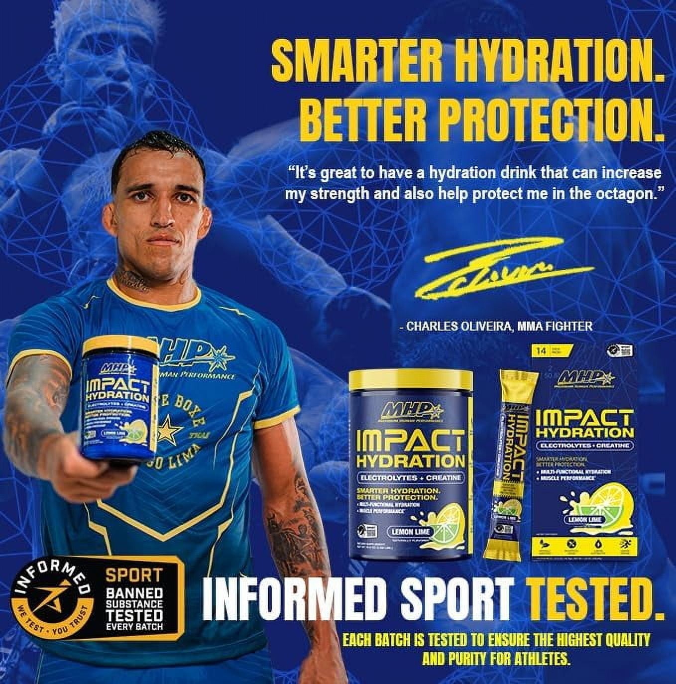 MHP Impact Hydration Electrolyte Creatine Sports Drink Stick Pack, No Artificial Sweeteners or Colors, Performance, Recovery, Concussion Protection, Lemon Lime, 14 Count