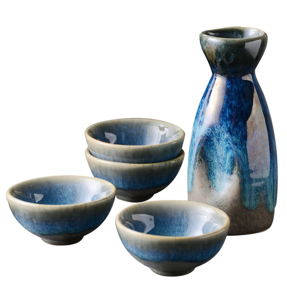 Omeite Japanese sake pot and wine cup set 1 pot and 4 cups (4 small cloth pattern wine glasses + 1 wine pot) - random pattern