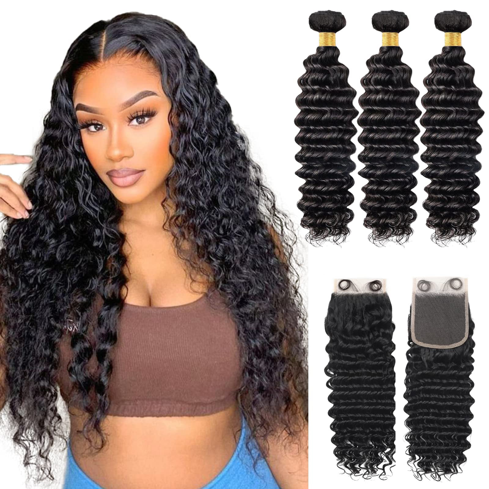 Deep Wave (22 24 26+20) Bundles With Closure Human Hair 100% Unprocessed  Brazilian Body Wave 3 Curly Human Hair Bundles Weave With 4X4 Free Part  With Frontal Hd Lace Frontal Wavy Natural