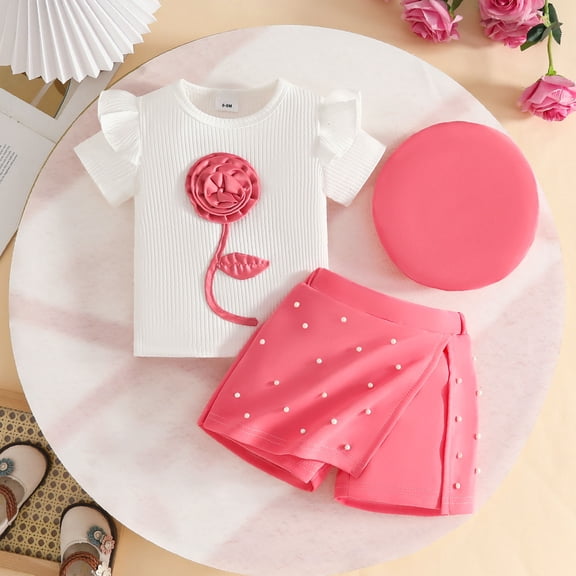 SONGGE Toddler Girls Short Sleeve Floral O-Neck Tops T Shirt Skirts Shorts Hat Outfit Sets Cartoon Cute Clothes Sets