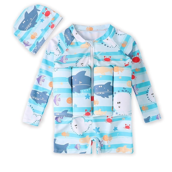 GYRATEDREAM Kid Girls Long Sleeve One Piece Float Suit Buoyancy Swim Cap 2-6Y Cartton Shark Bathing Suit