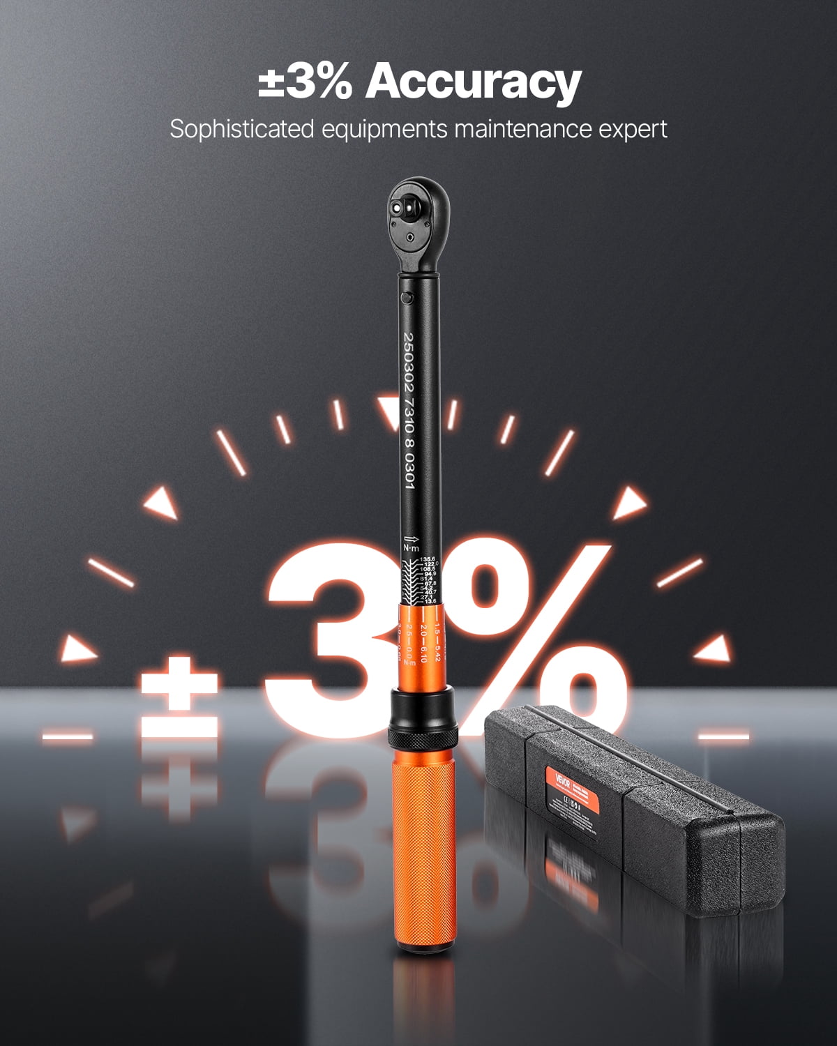 VEVOR Click Torque Wrench, 3/8 Inch Drive, 10-100 lbf-ft / 13.6-135.6 N.m, Dual-direction Torque Wrench with Dual Range Scales,72-tooth,±3% High Precision,with Carrying Case,for Automobile Repair