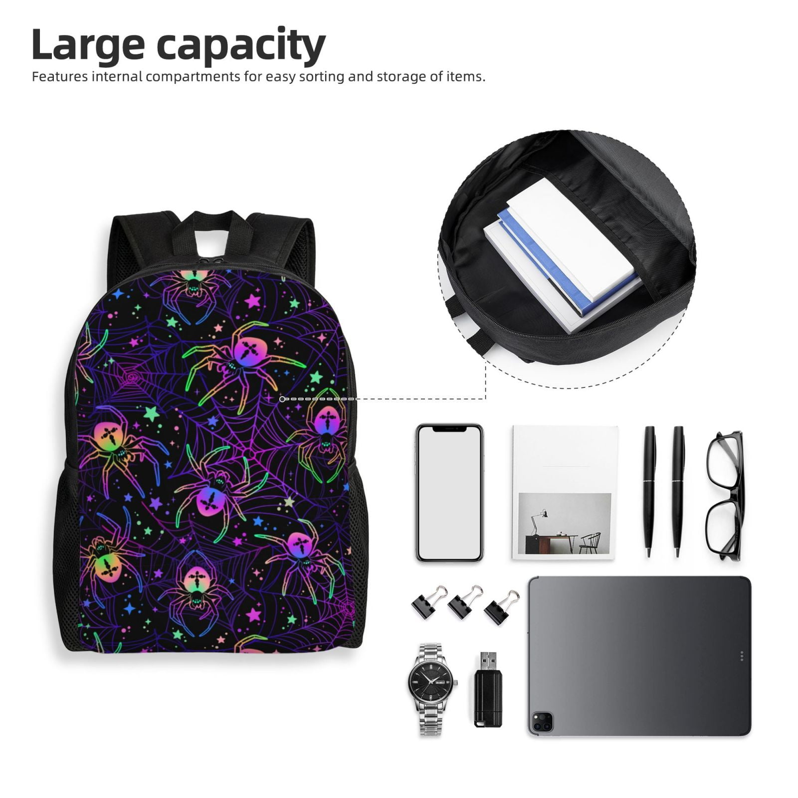 Xecao Multi-colored Spiders Print School Backpack with Laptop Compartment Small Travel Laptop Backpack for Women Men Waterproof College Backpack Simple School Bag