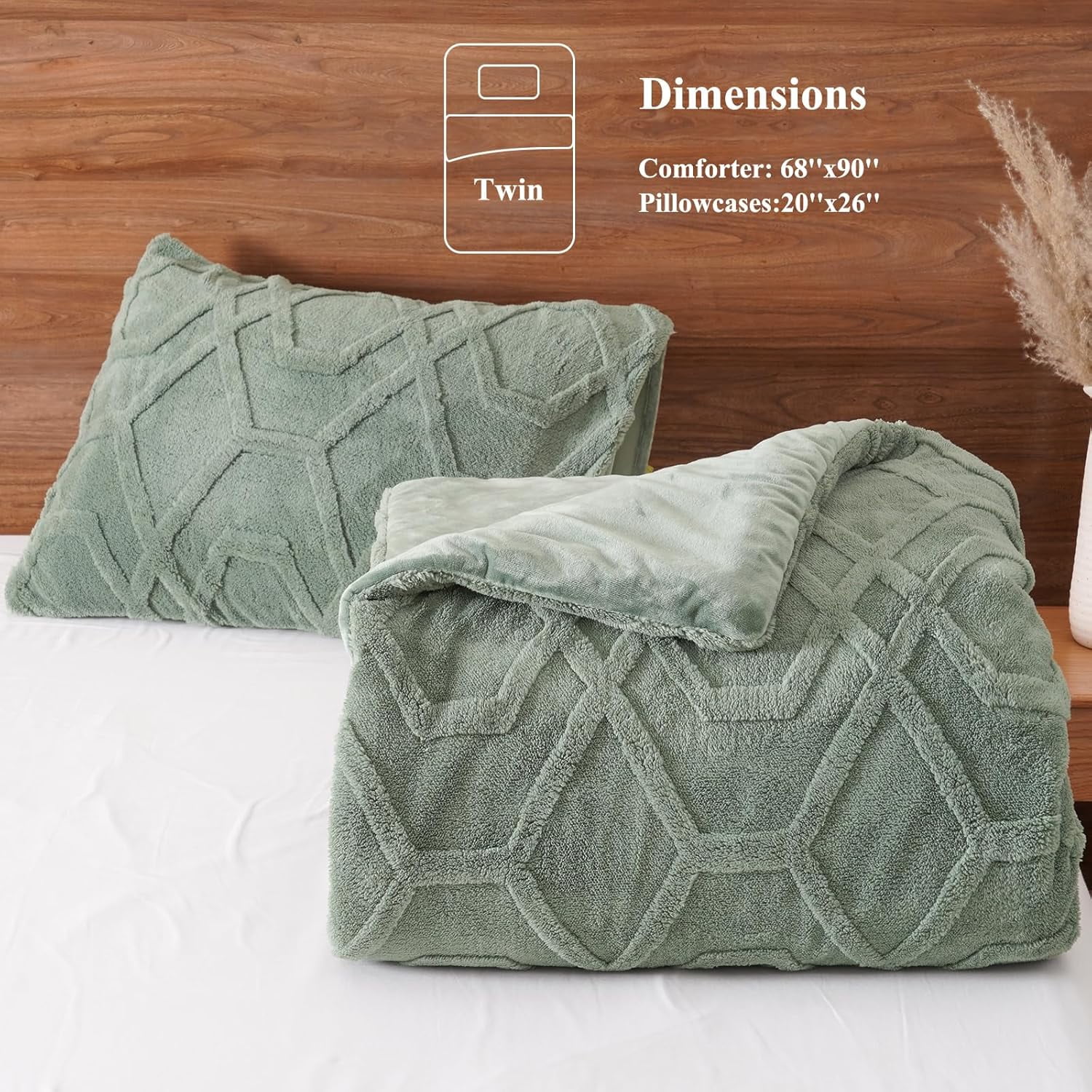 PHF Warm Sherpa Fleece Twin Comforter Set, 3D Tufted Fluffy Sage Green Bedding for Winter, Soft 2 Pieces Shaggy Bed Set, 1 Comforter (68"x90") and 1 Pillowcase (20"x26")