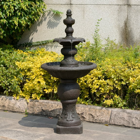 Teamson Home 2-Tier Classic Pedestal Outdoor Water Fountain–Shallow Basin with Adjustable Flow & Electric Pump, Dark Gray