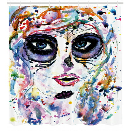 Sugar Skull Decor Shower Curtain, Halloween Girl with Sugar Skull Makeup Watercolor Painting Style Creepy, Fabric Bathroom Set with Hooks, 69W X 70L Inches, Multicolor, by Ambesonne