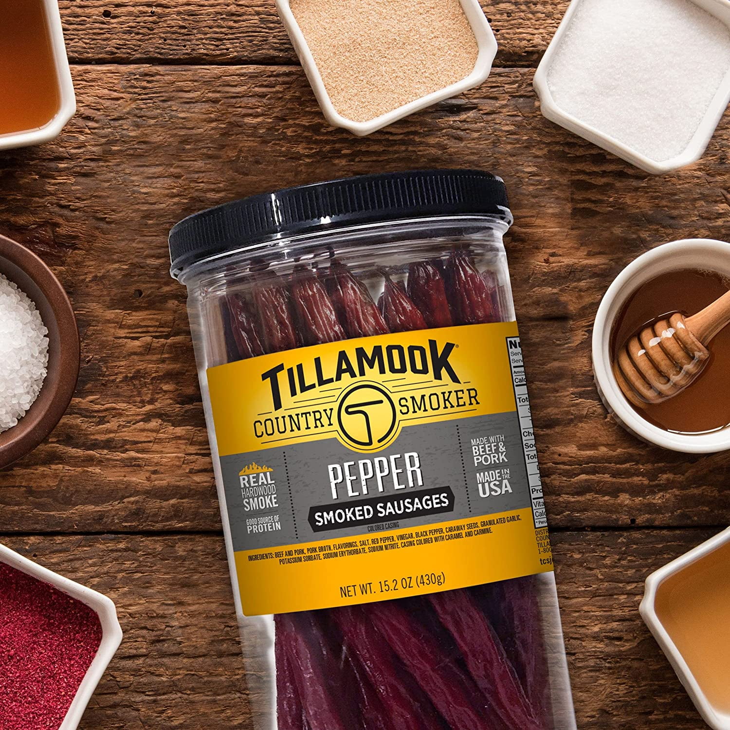 Tillamook Country Smoker Real Hardwood Smoked Sausages, Pepper, 15.2 Ounce Tall Jar, 20 Count Pepper 20 Count (Pack of 1)