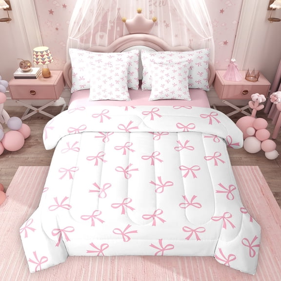 Feelyou Pink Bowknot Twin Bedding Sets 7pcs, Cartoon Butterly Knot Bedding Comforter Set