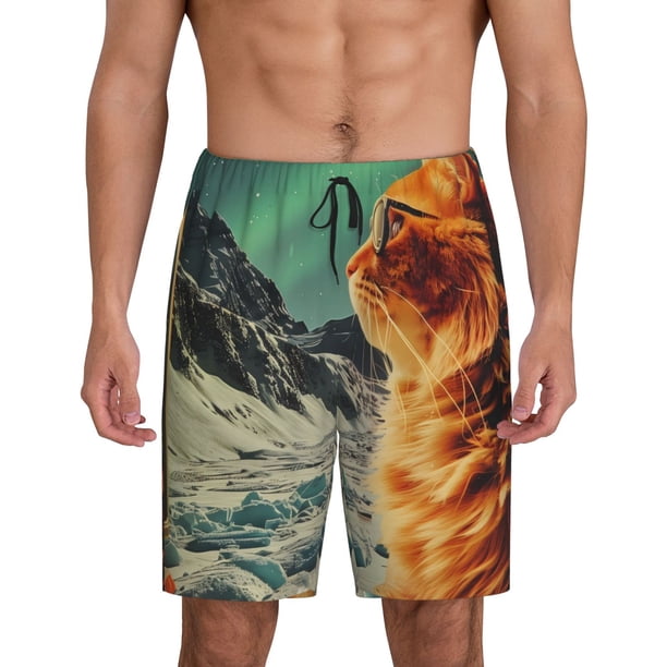Balery Space Adventurer Cat Pantalones cortos de pijama de punto de algodón para hombre con cinturilla y bolsillos-XX-Large