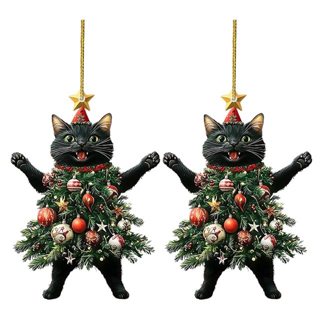 Gato navideño en árbol de Navidad Adorno colgante acrílico 2D Charm para espejo retrovisor del coche Regalos navideños para amantes de los gatos
