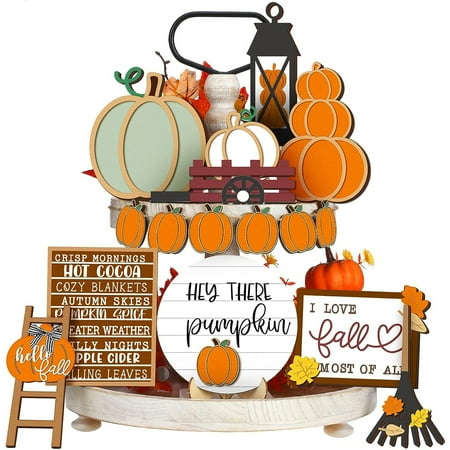 Owis Fall Tiered Tray Decor Set Autumn Pumpkin Leaves Rustic Farmhouse Thanksgiving Decoration Harvest Wooden Tabletop Signs for Home Kitchen