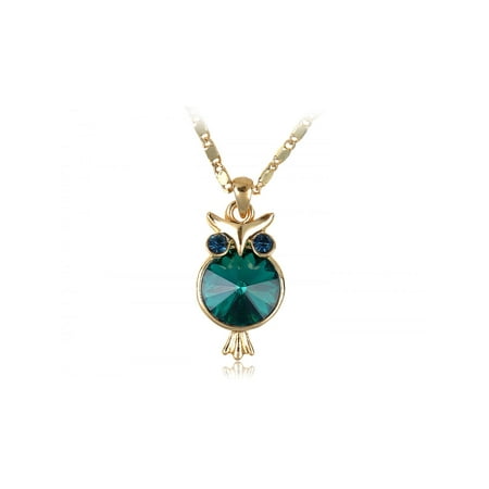 Eyed Owl Pendant - Green Fashion Round Hoot Owl Body Turmaline Eyes Golden Tone Pendant Necklace