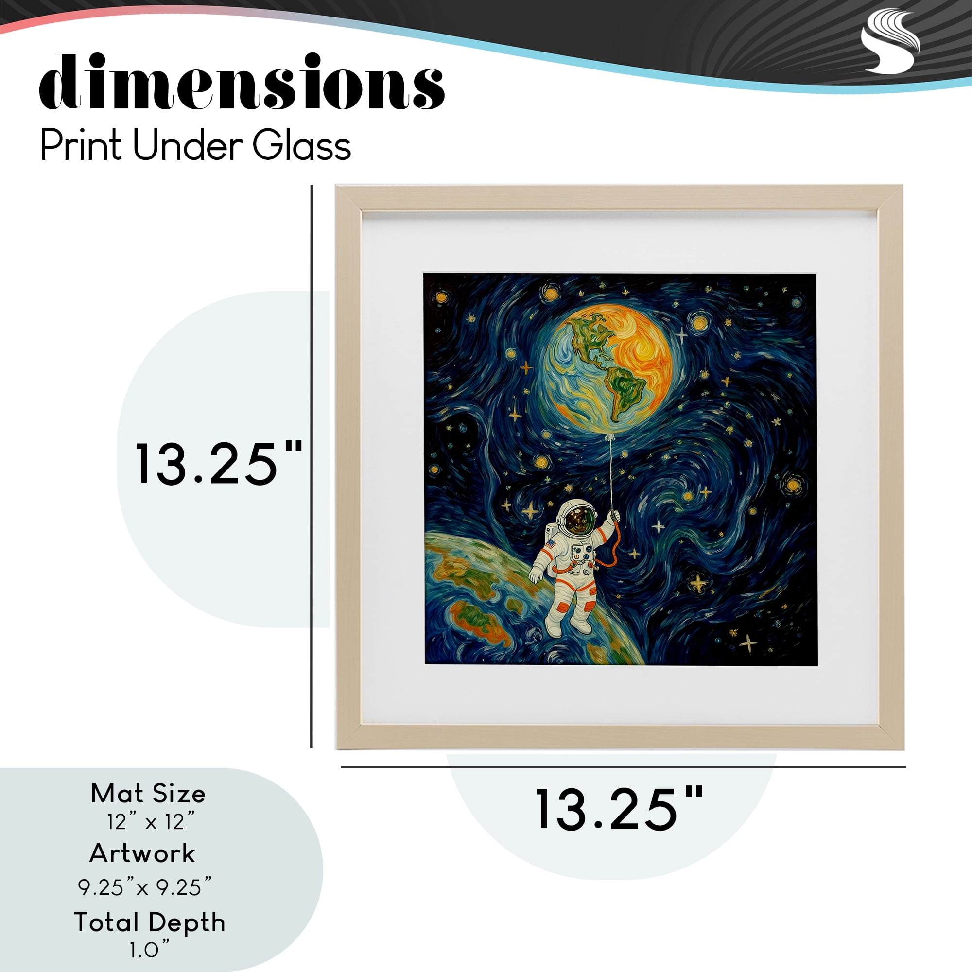 Astronaut with Earth Balloon Birch Framed Print Under Glass, design by Angie Hawke