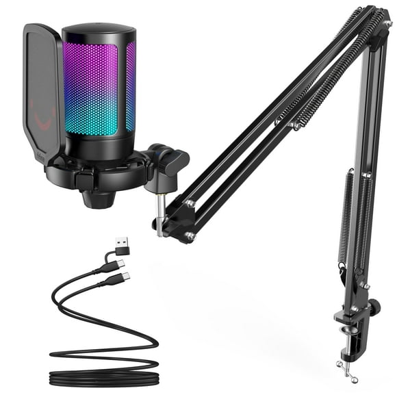 FIFINE Gaming PC USB Microphone, Podcast Condenser Mic with Boom Arm, Pop Filter, Mute Button for Streaming, Twitch, Online Chat, RGB Computer Mic for PC Gamer Youtuber-AmpliGame A6T