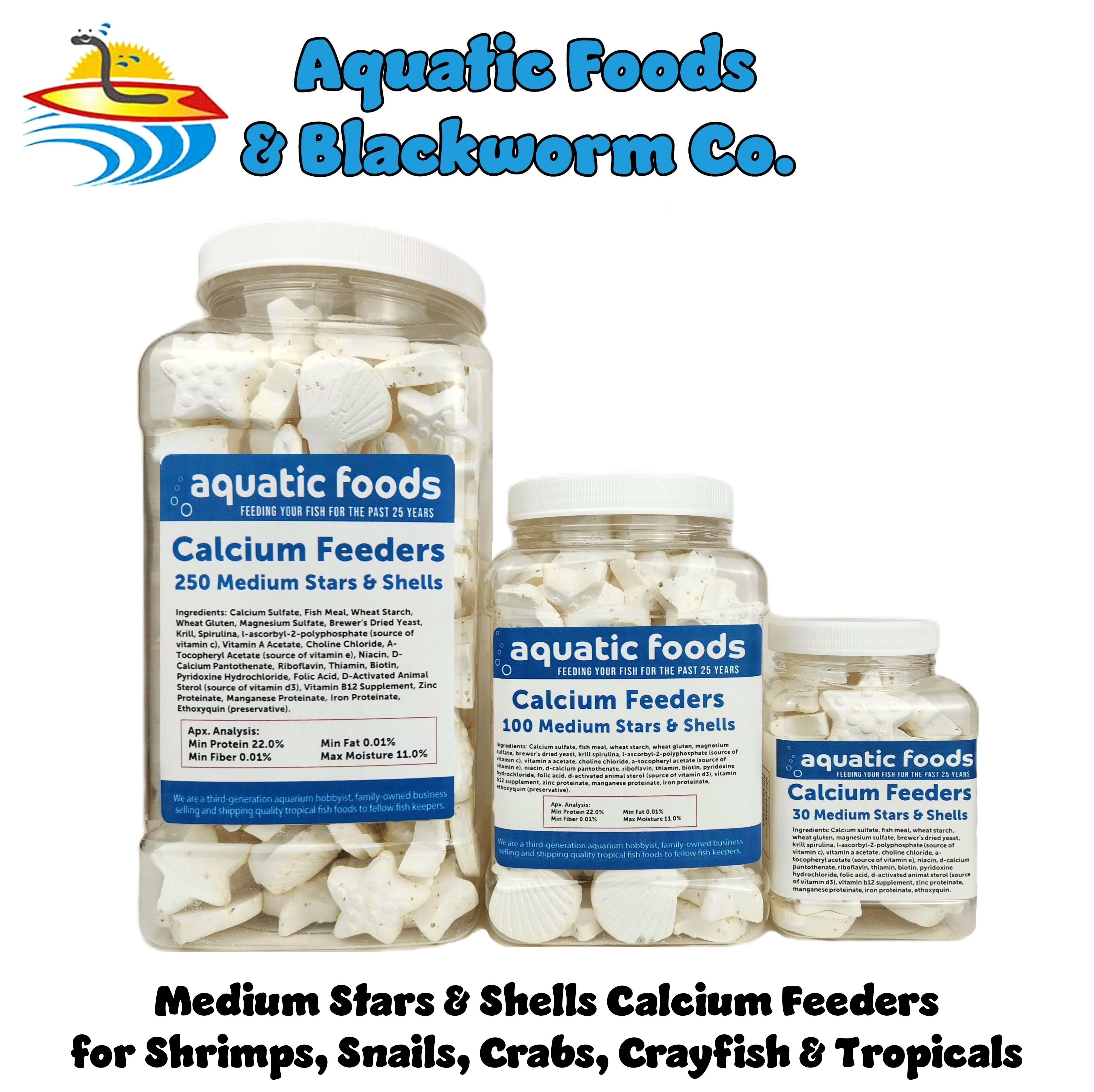 Calcium Feeders, Medium Stars & Shells for Shrimp, Snails, Crabs, Crayfish, Hermit Crabs and All Tropical Fish - 30 Count Jar