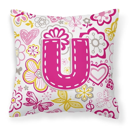 Letter U Flowers and Butterflies Pink Fabric Decorative Pillow