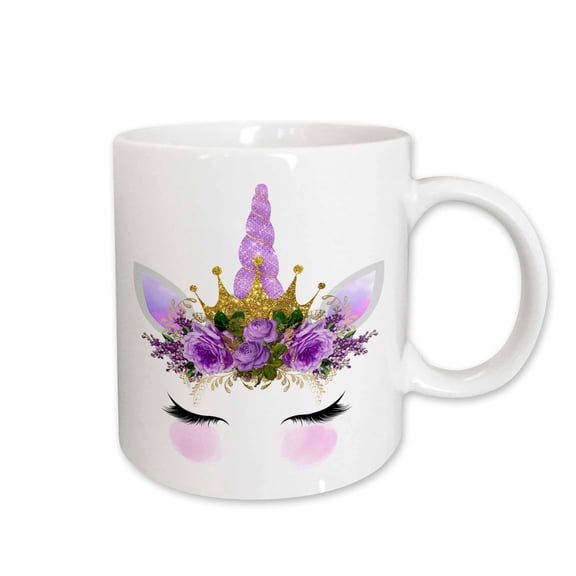 3drose, Glam Purple and Image of Gold Floral with Crown Unicorn Face, 11oz Mug
