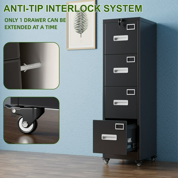 Gaeanet 56.41''H 4 Drawer Vertical File Cabinet on Wheels,Metal Office Files Storage Cabinet with Lock, Steel Filing Cabinets for A4 Letter/Legal Size, Black, Assembly Required