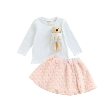 

Frobukio 2Pcs Kids Baby Girls Clothes Sets Long Sleeve Cartoon Bear Pullover Tops Plush A-Lined Skirt Outfit White 4-5 Years