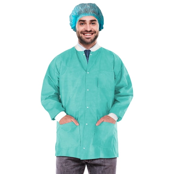 Disposable Lab Jacket SMS Material Teal 100 count Small 29 in Long with Snaps Front and 3 Pockets
