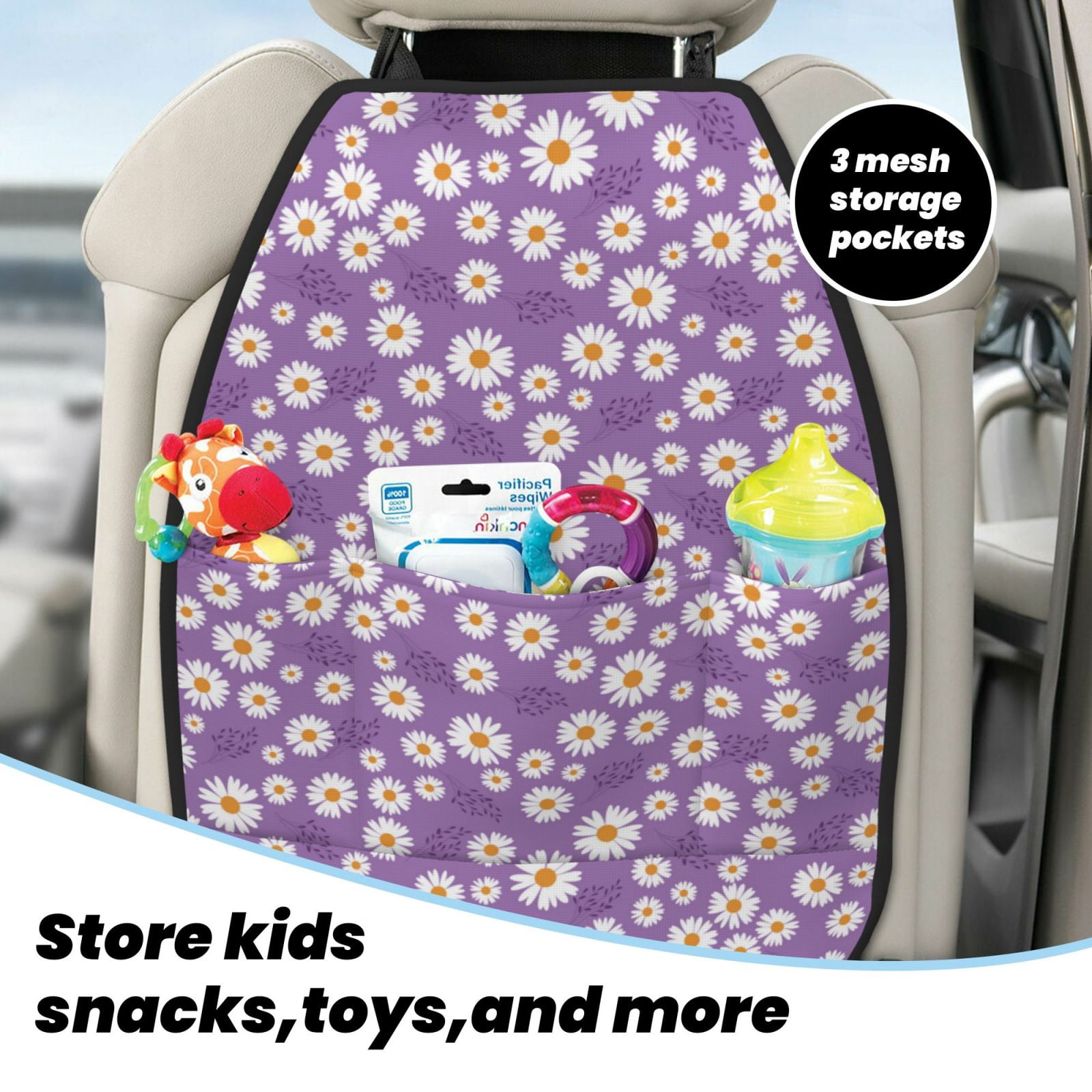 Xecao Daisies Flowers Pattern Car Seat Back Protector 2 Pack Large Capacity Pocket, Kick Mats Back Seat Protector