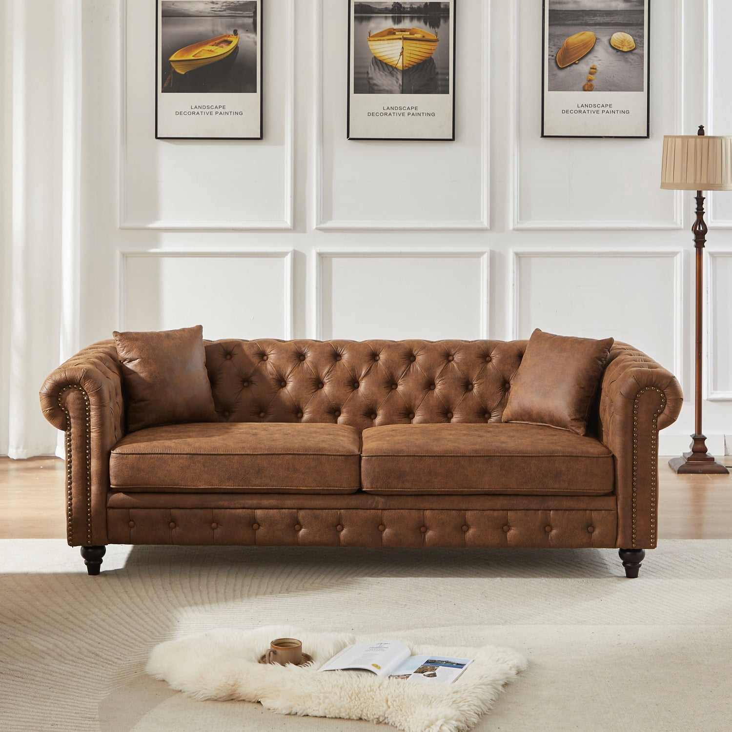 Hommoo 83.5"W Luxury Tech Fabric Chesterfield Loveseat, 3-Seater Sofa Couches with Button Tufted Design &Rolled Arms, Brown