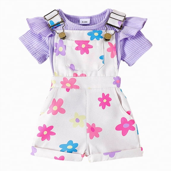 OYXSER Infant Baby Girl Clothes Infant Summer Outfits Set Floral Girl Clothes with Headband Cute Romper Shorts Set, Purple 18-24M