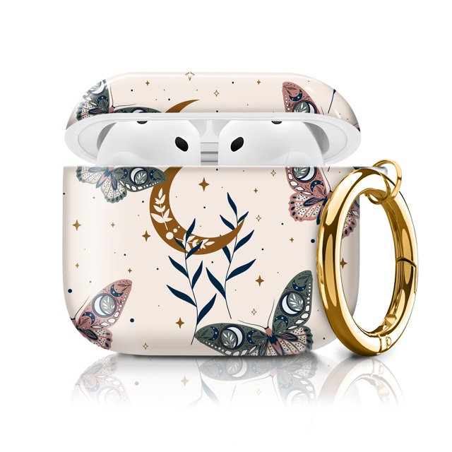 Linda Funda Compatible Con Airpods De 4Ta Generación 2024 A Prueba De Golpes Para Mujeres Y Niñas Con Linda Hebilla Redonda Dorada - Diseño Protector Anticaídas (Boho Cute Butterfly Moon)