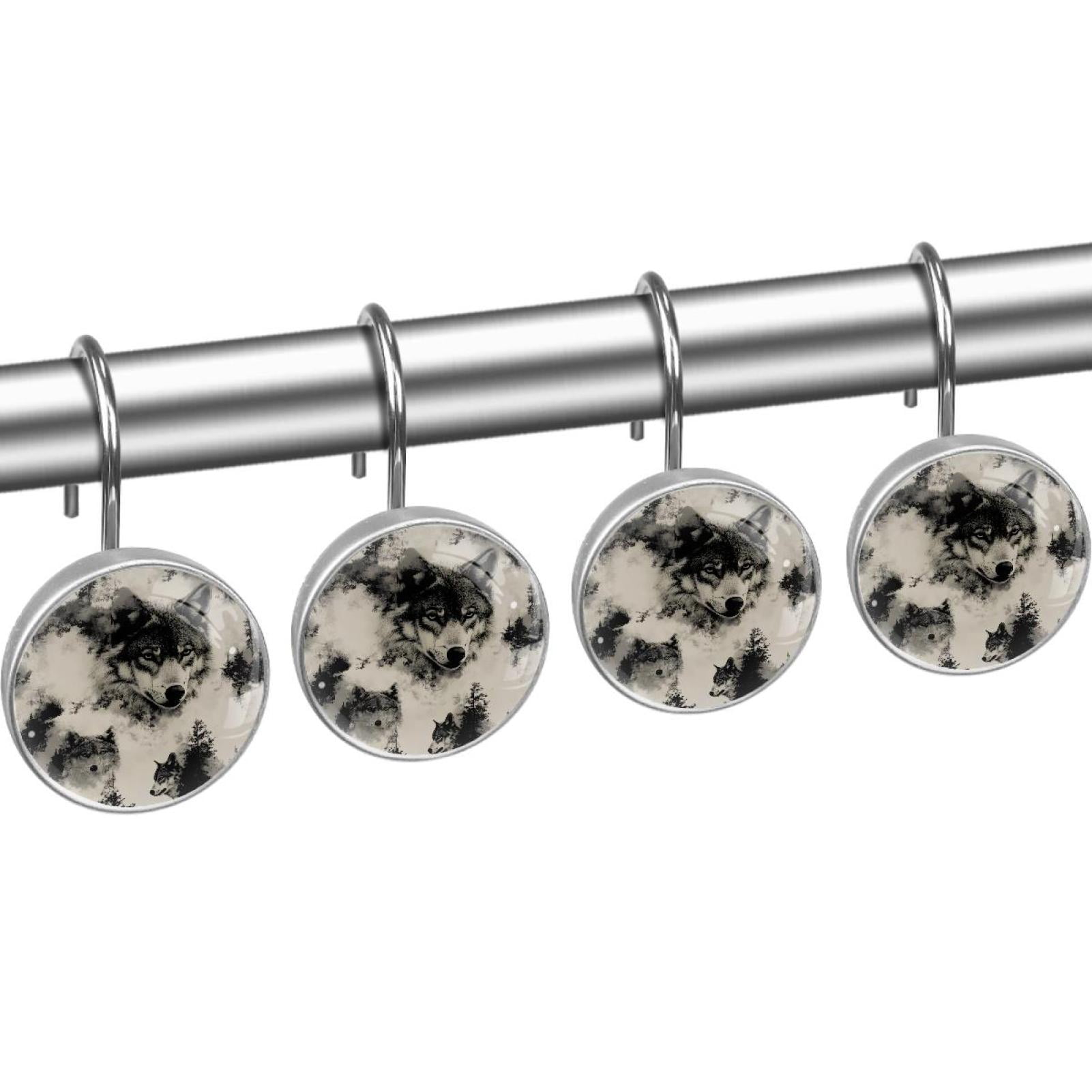 Wolves Shower Curtain Hooks Round Crystal Glass, Set of 12 Shower Curtain Rings - Shower Hooks for Curtain Shower Rings
