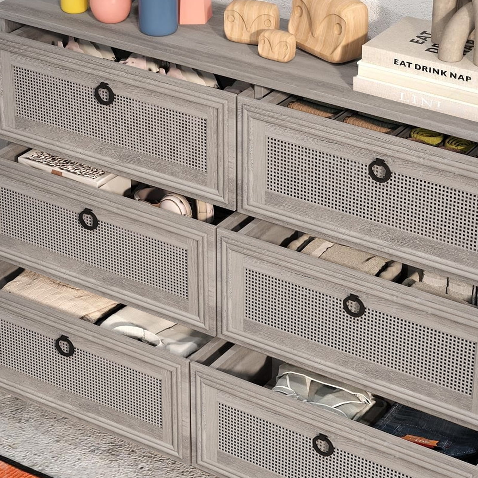 HUJAUU 6 Drawer Dresser for Bedroom, Rattan Wide Chest of Drawers for Living Room, Gray