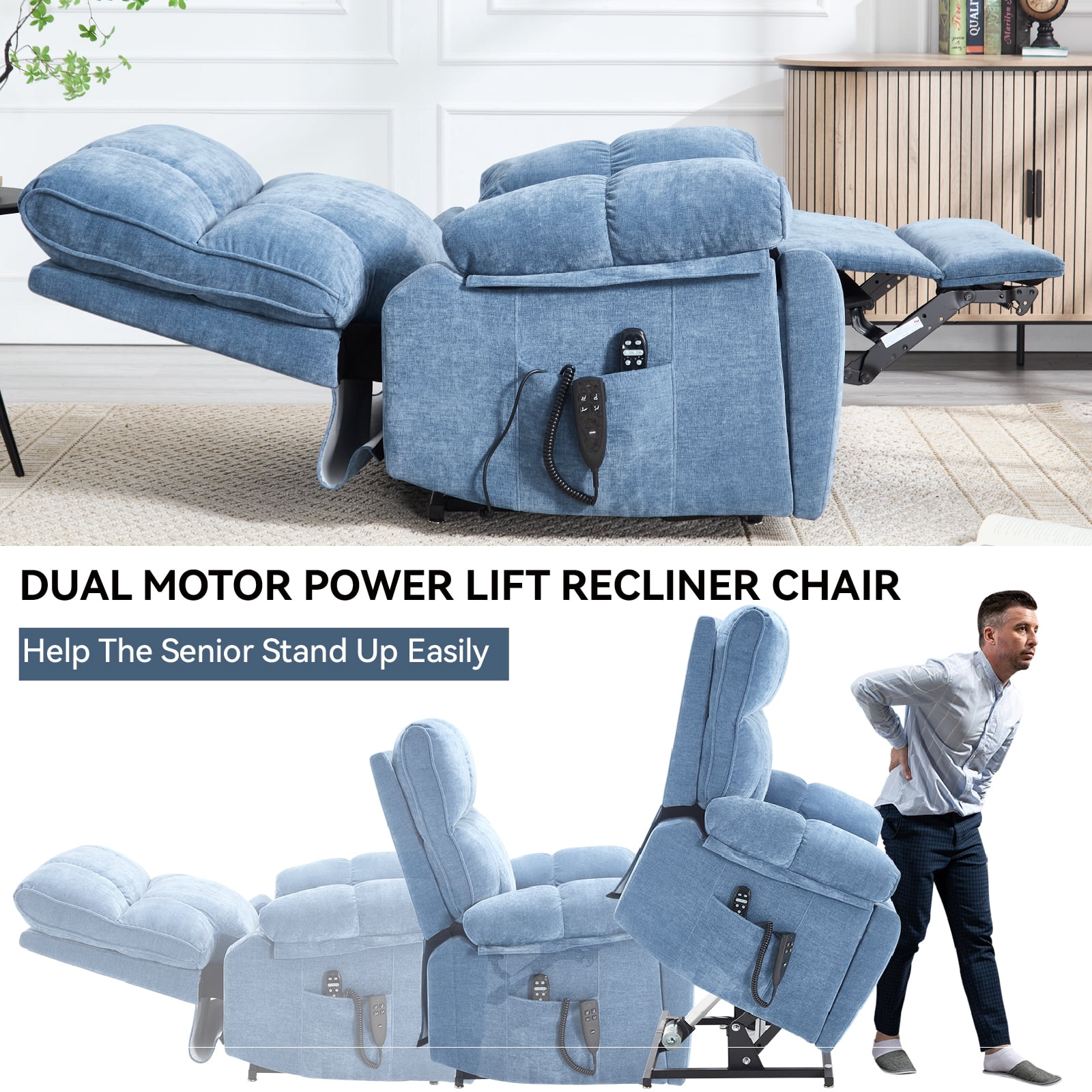 Alvantor Large Power Lift Recliner Chair for Elderly Dual Motor Chenille Electric Recliners Chair with Massage and Heat for Living Room Blue