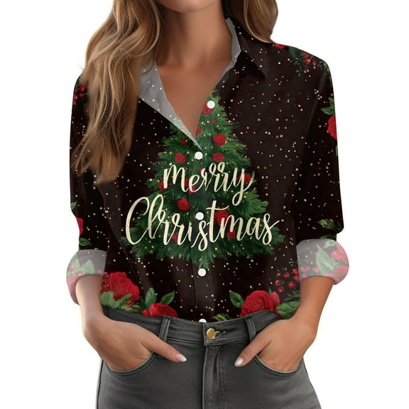 Women Christmas Tree Print Button Down Shirt Long Sleeve Casual Loose Fit Holiday Blouse Merry Christmas Top