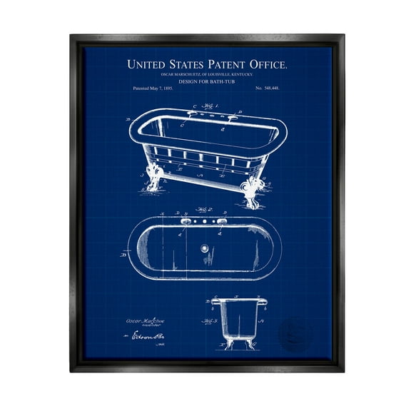 Stupell Industries Blue Bathtub Patent Blueprint Graphic Art Jet Black Floating Framed Canvas Print Wall Art, Design by Karl Hronek
