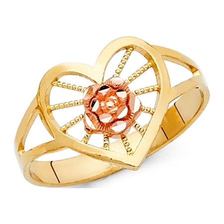 14k Yellow Rose Gold Open Heart & Rose Ring Fashion Style Polished Finish Solid Two Tone 12MM Size 6