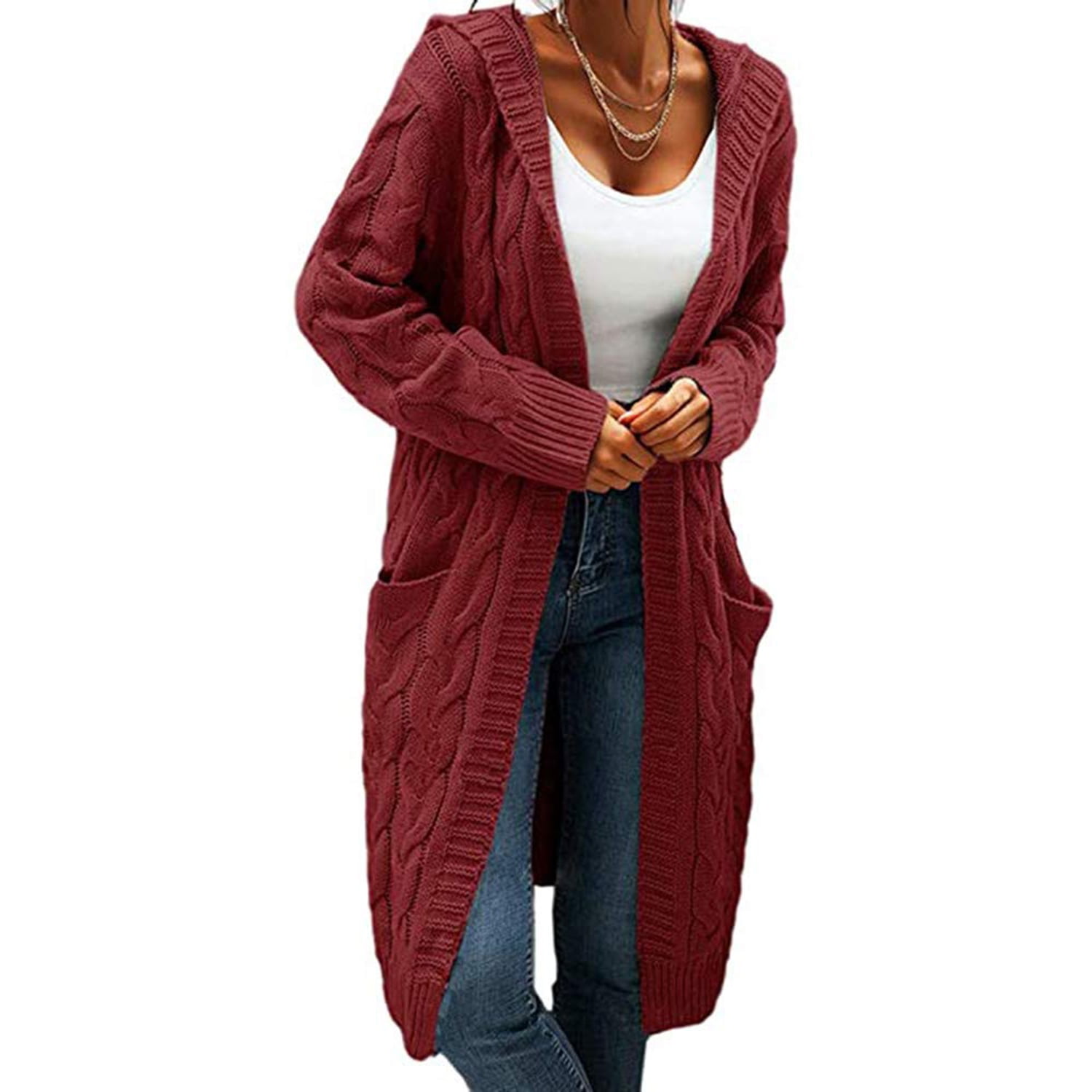 Delou Women's Hooded Cardigan Knit Sweater Solid Thick Long Sweater ...