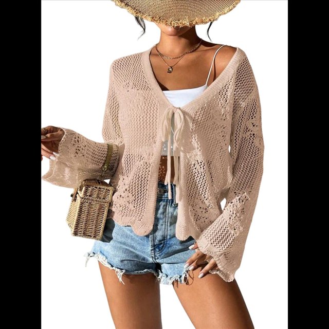 Cárdigan Informal de Playa para Mujer, de Larga, con Aberturas y Lazo Frontal de Crochet. Caqui L