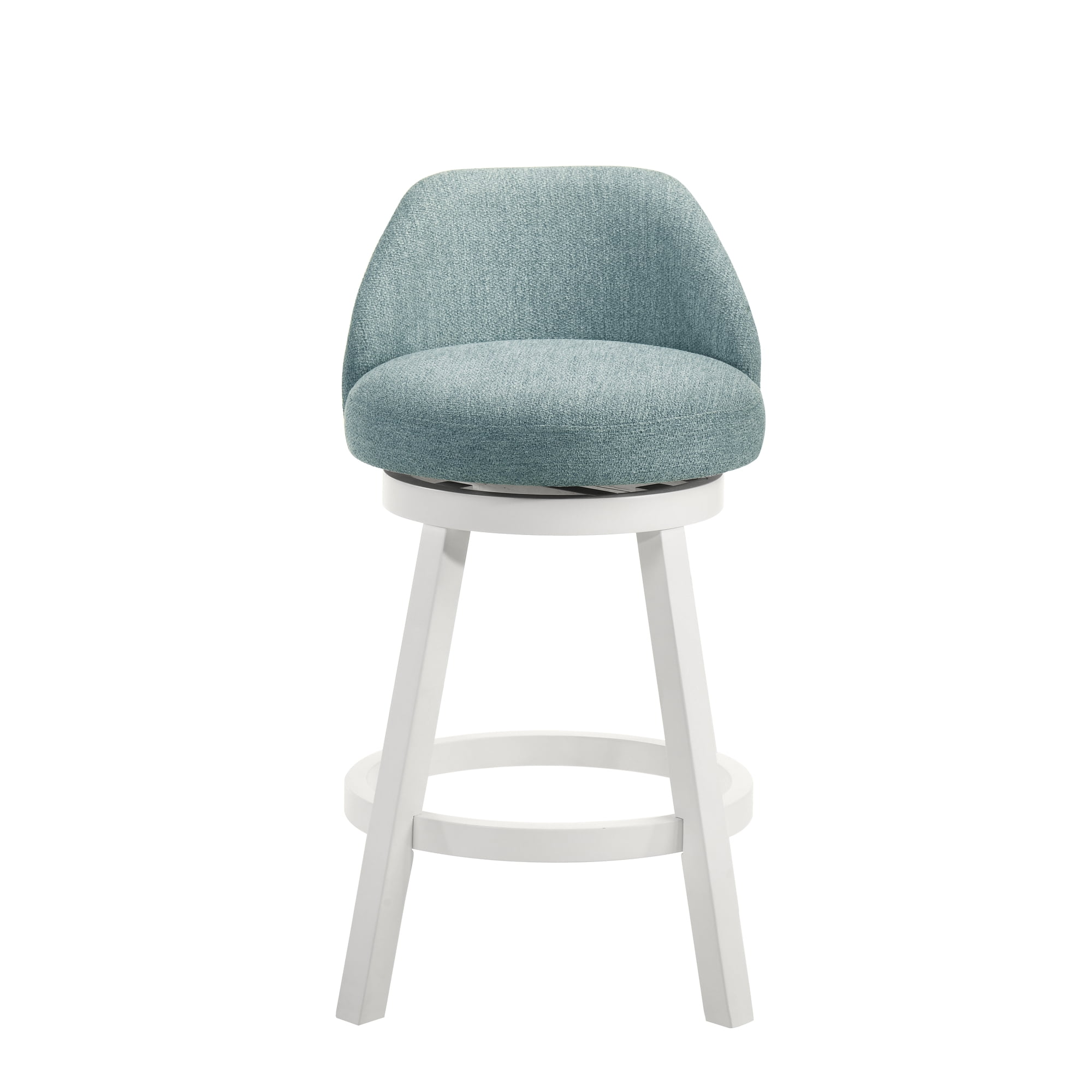 Erika Modern Transitional Swivel Wood Counter Height Kitchen Bar Stool in White Finish with Light Blue Fabric Upholstered Seat - Set of 3