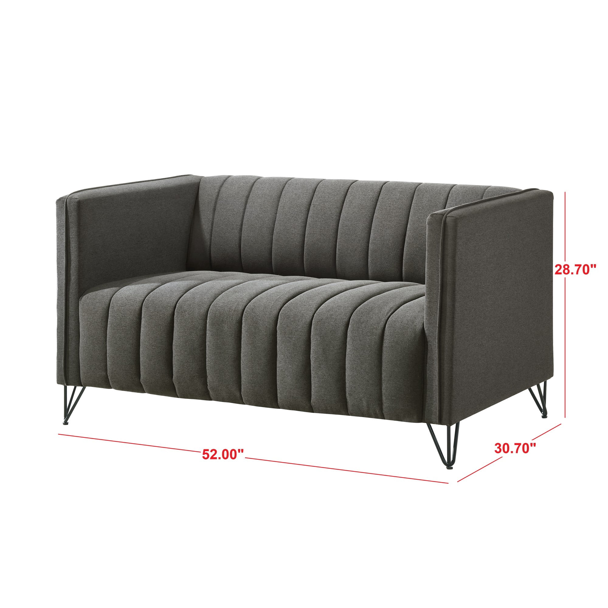 Home Design Kurtis Square Arm Loveseat with Tufted Velvet Upholstery and Gold Metal Legs, Flared Arms, Modern Living Room Seating, Gray