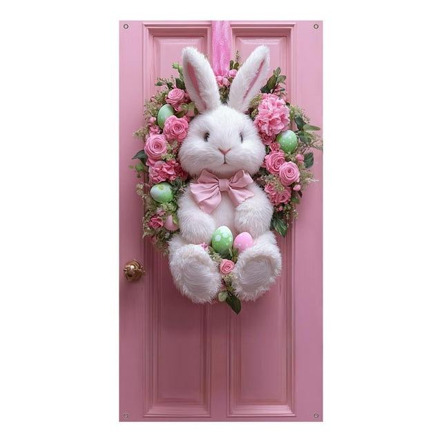 Cubierta de puerta de bienvenida de conejo, decoración de fondo de puerta de Feliz Pascua rosa, letrero de bienvenida para puerta de entrada de Pascua para recuerdos de fiesta de Feliz Pascua