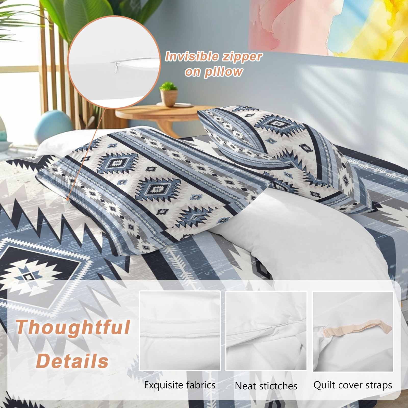 Blue Southwestern Bedding Duvet Cover Set King Size 4 Pieces Native Aztec Ethnic Style Geometric Bedding Set with Zipper Closure, 1 Comforter Cover 92x106 Inches 1 Flat Sheet & 2 Pillow Cases