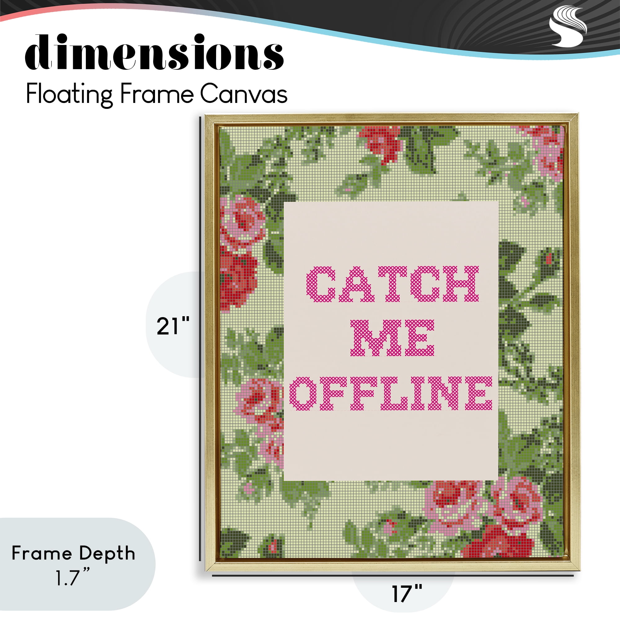 Stupell Industries Catch Me Offline Faux Cross Stitch Gold Framed Floater Canvas Wall Art, design by Lil' Rue