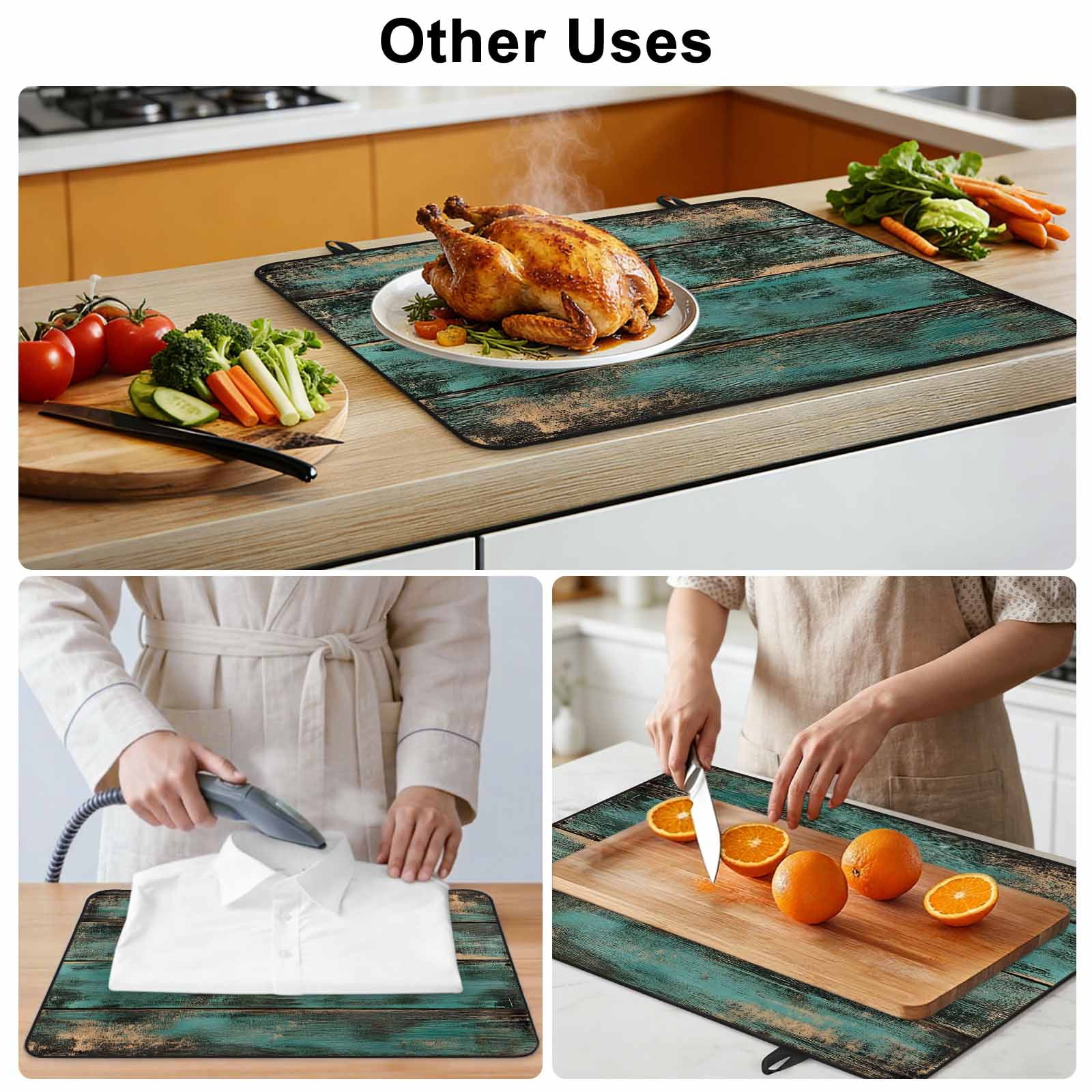 Teal Brown Wood Print Stove Top Cover for Electric Stove, Heat-proof & Non Slip Glass Top Stove Cover Protector, Farmhouse Vintage Plank Kitchen Flat Cooktop Rubber Mat 24x21 Inches