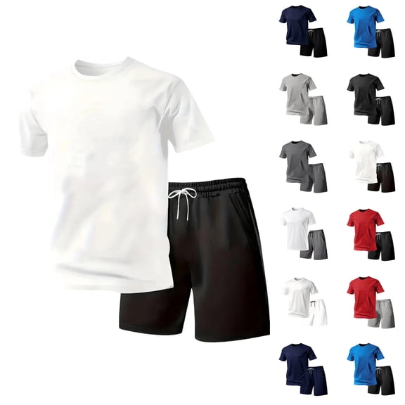 Mens Short Sets 2 Piece Outfits Zaewscy Men Solid Casual Sports Round Neck Pullover Short Sleeve Blouse Elastic Waist Pockets Short Pants Clear S