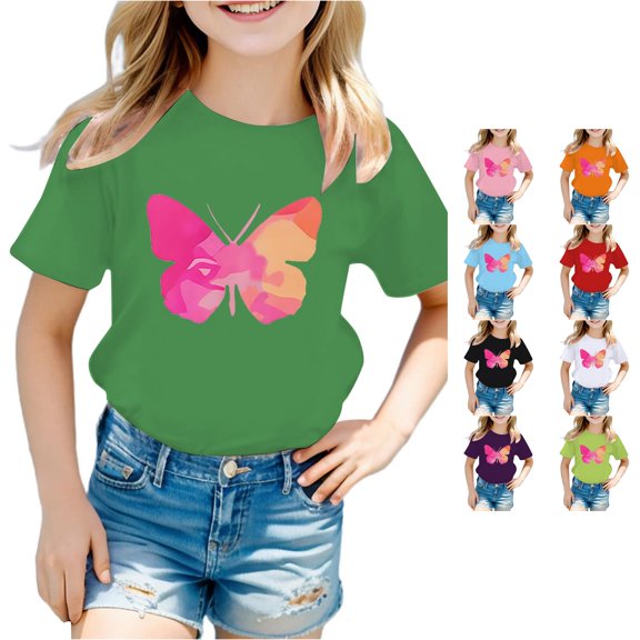 CUZIBR Girls Tops Kid Cute Print Graphic Round Neck Short Sleeve Summer Casual T Shirt Tee Dailywear,Green,5-6 Years